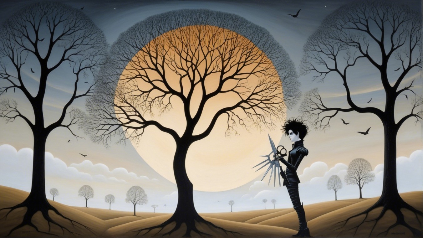 Surreal Landscape with Figure and Oversized Scissors