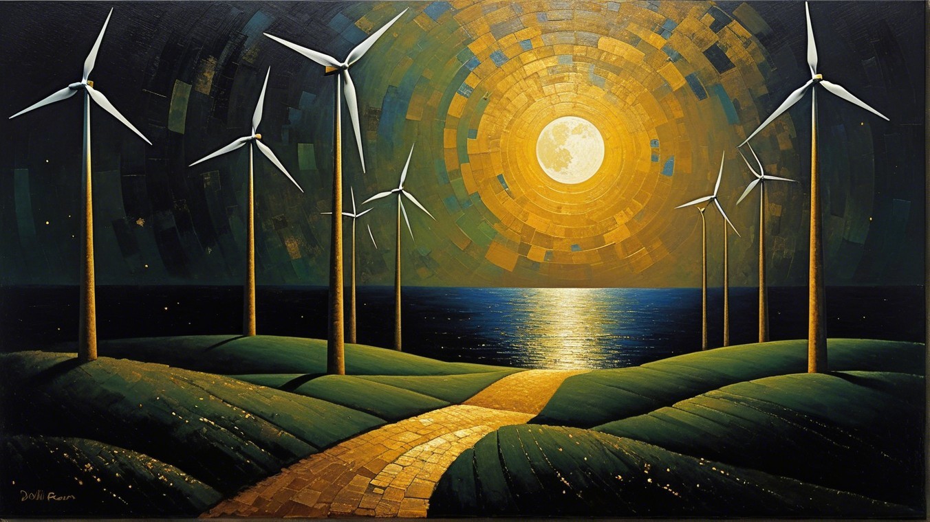 Vibrant Landscape with Wind Turbines and Moonlight