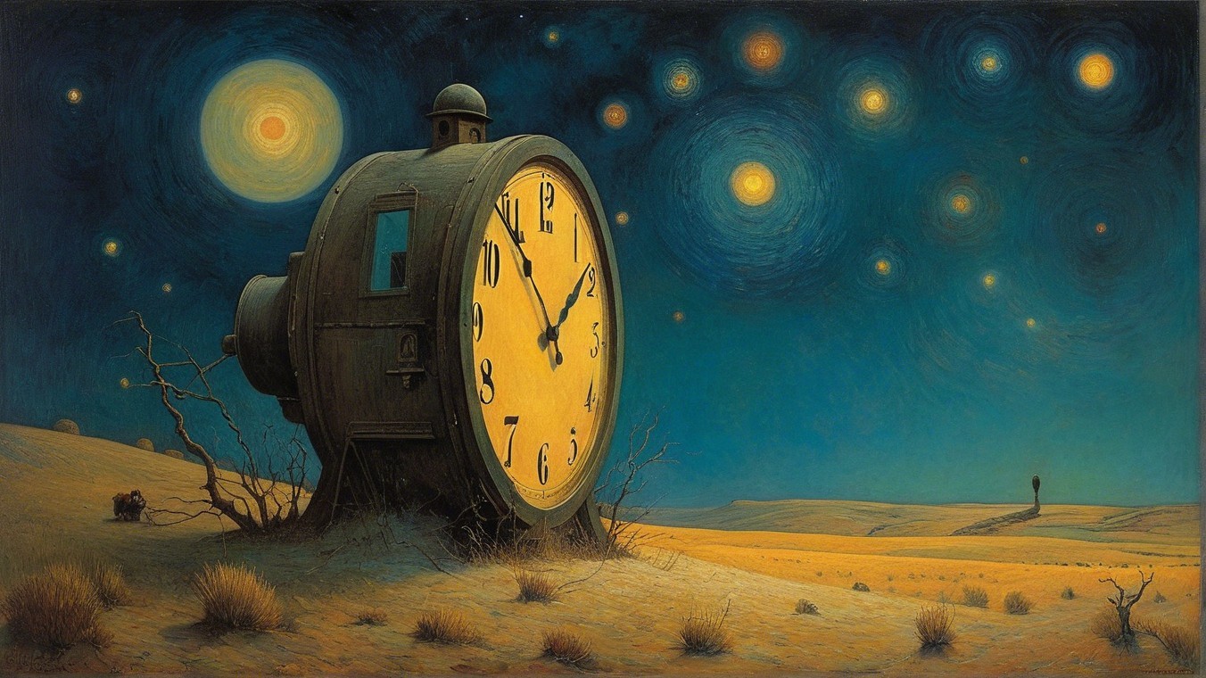 Vintage Clock in Sandy Landscape Under Starry Sky