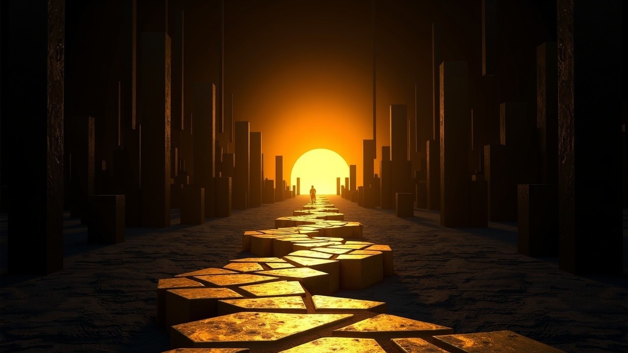 Fragmented Golden Tile Pathway at Sunset Landscape