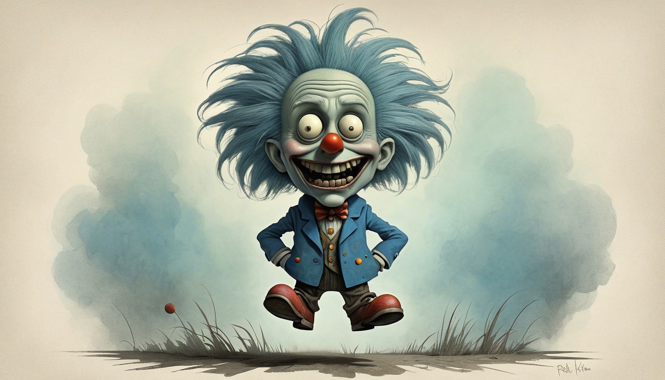 Whimsical Clown in Colorful Landscape with Exaggerated Features