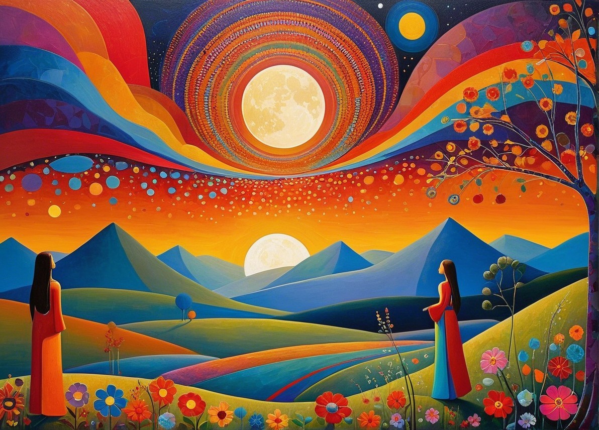 Surreal Landscape with Women and Luminous Moon