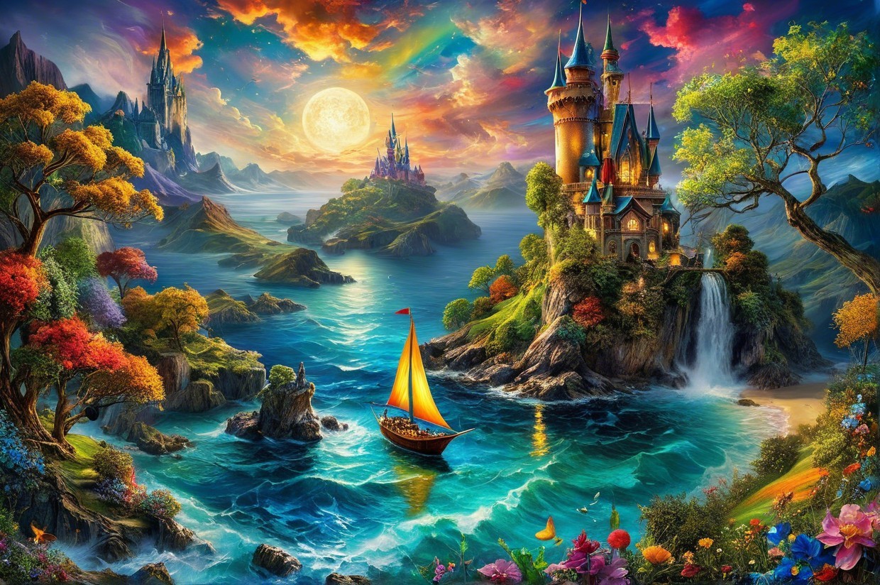 Vibrant Fantasy Landscape with Sailboat and Castles