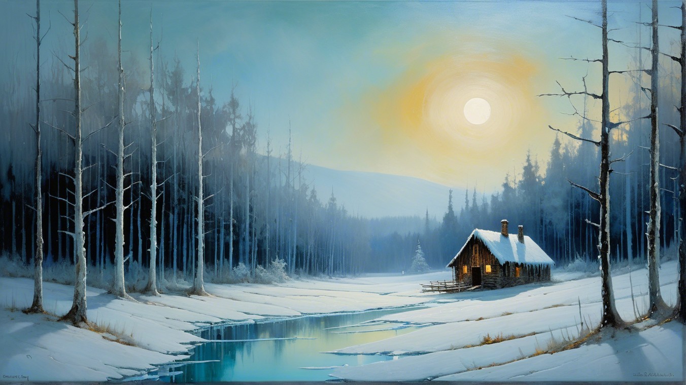 Cozy Cabin in Serene Winter Landscape with Fog