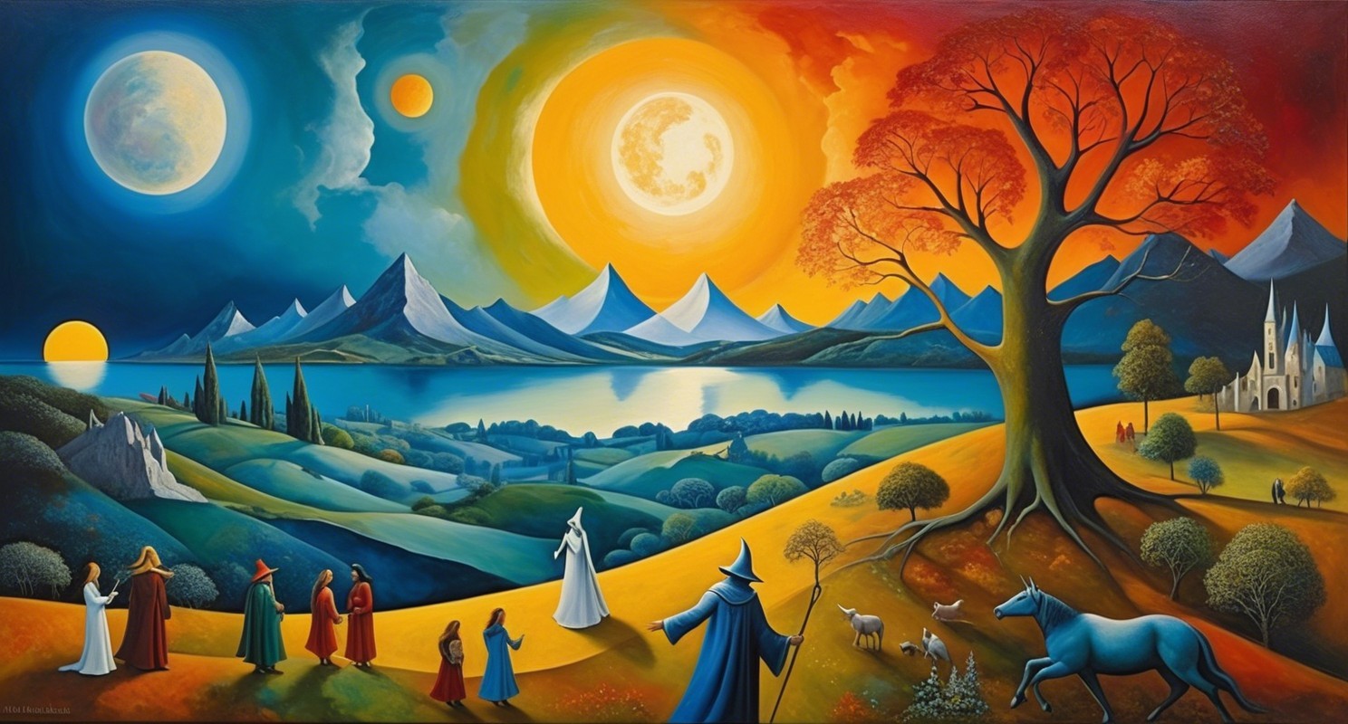 Fantasy Landscape with Day-Night Contrast and Travelers