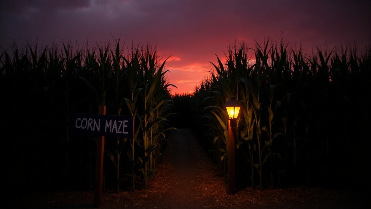 Twilight Corn Maze with Illuminated Entrance Sign