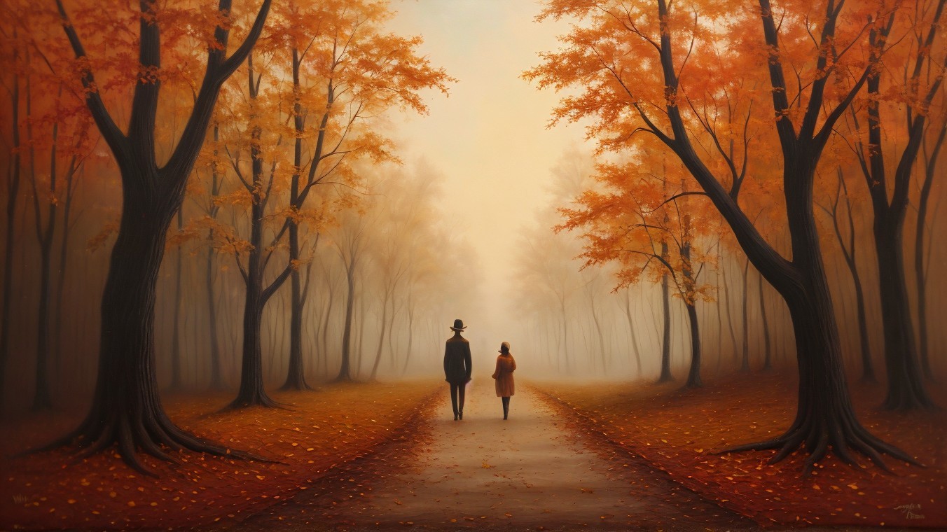 Autumn Forest Path with Figures in Foggy Atmosphere
