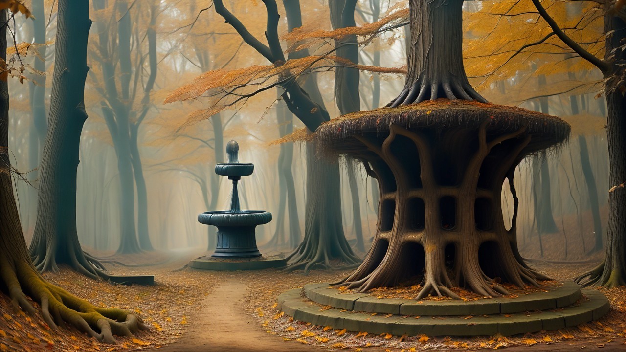 Autumn Forest with Vibrant Leaves and Unique Structures