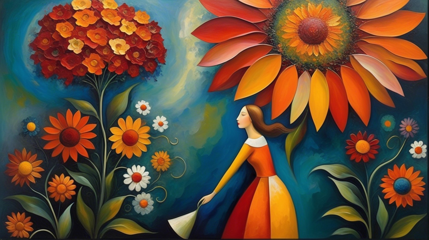Oil Painting of Girl in Surreal Floral Landscape