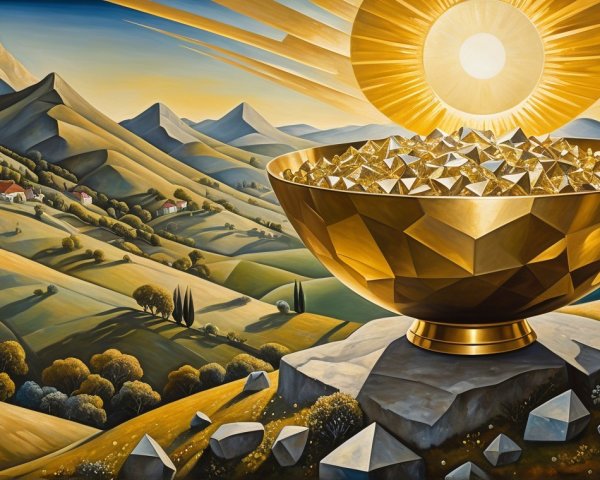 Golden Bowl with Gemstones on Rocky Pedestal
