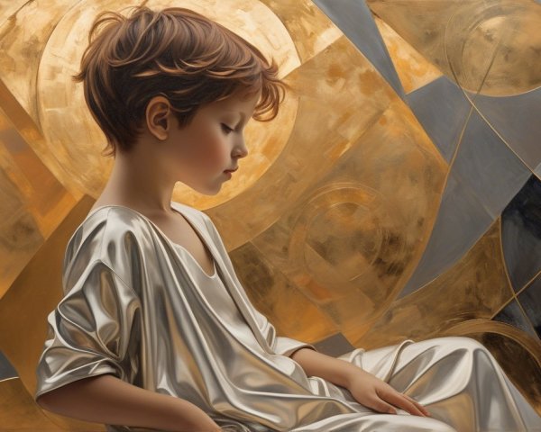 Child in Silver Outfit Against Golden Abstract Background