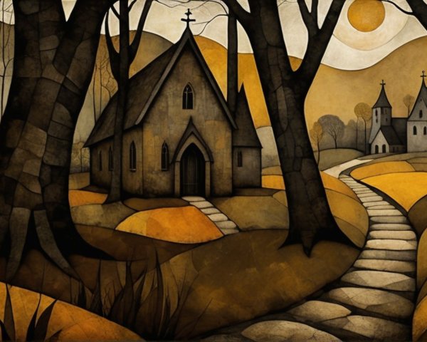 Gothic Church in Serene Autumn Landscape Scene