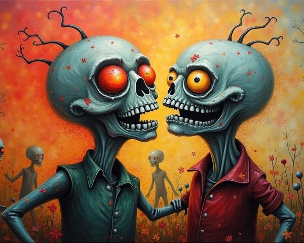 Brightly Colored Cartoon Skull Characters in Surreal Landscape