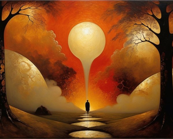 Solitary Figure in Surreal Landscape at Sunrise