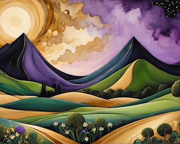 Vibrant Landscape with Hills, Mountains, and Sunlight