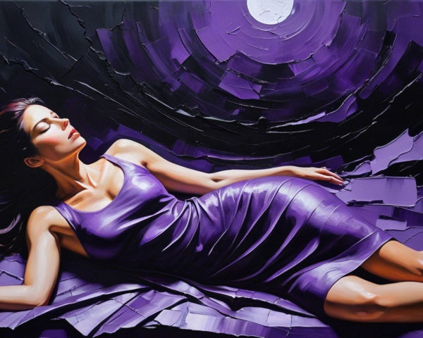 Woman in Purple Dress Against Swirling Background