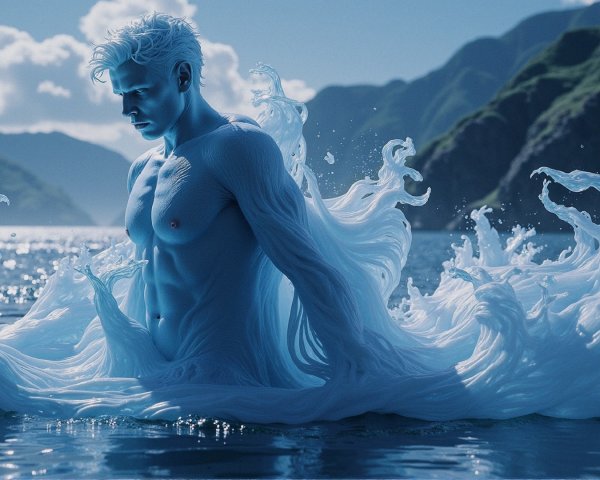 Ethereal Figure in Serene Water with Majestic Mountains