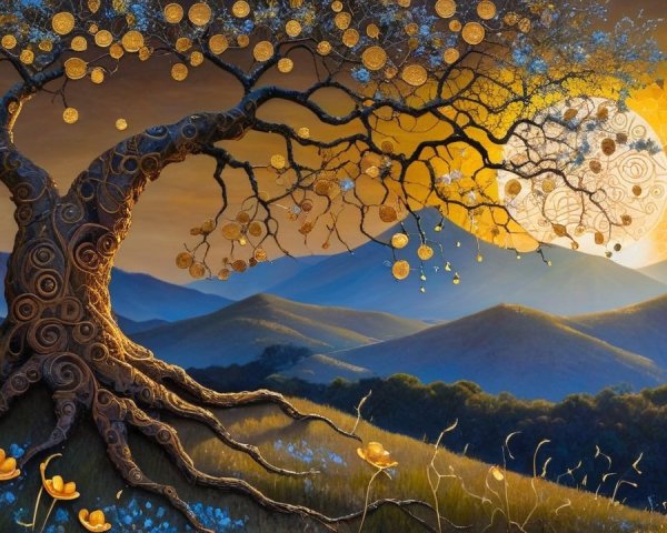 Majestic Tree with Swirling Roots at Sunset