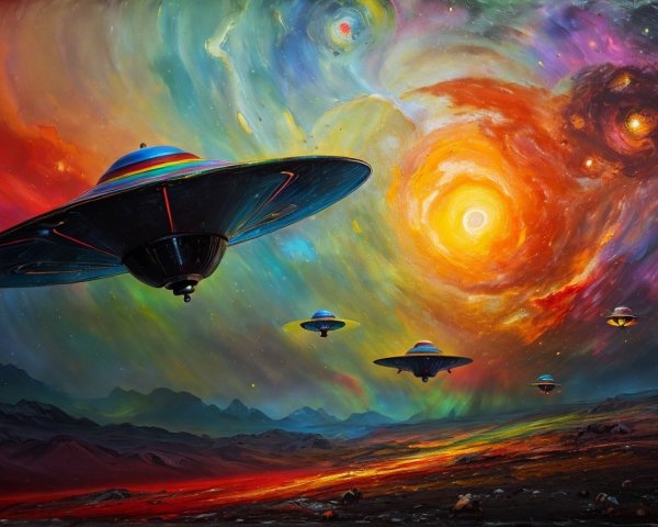 Vibrant Cosmic Scene with UFOs and Fiery Landscape