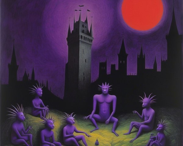 Surreal Gathering of Purple Figures by Glowing Light