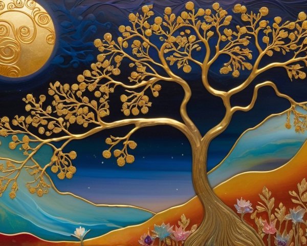 Vibrant landscape with golden tree and colorful flowers