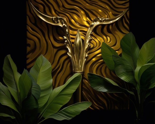 Luxurious Tropical Leaves and Golden Bull Horn Sculpture