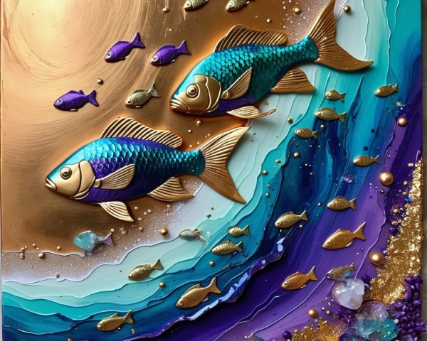 Vibrant Mixed-Media Artwork of Fish in Ocean Scene