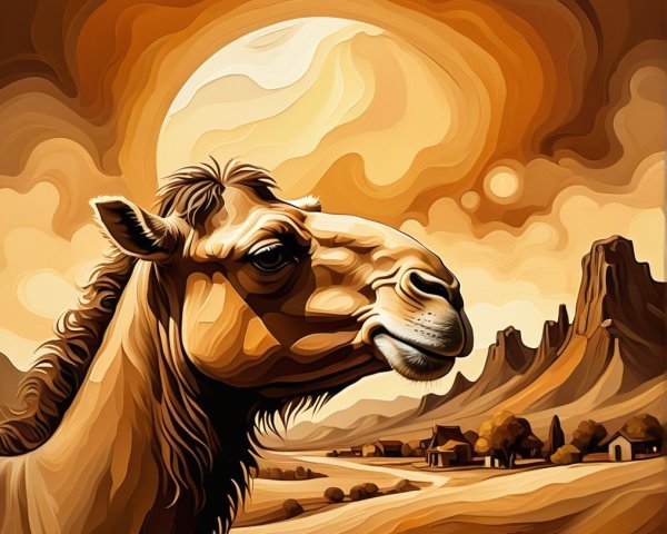 Stylized Camel in Earthy Tones with Desert Landscape
