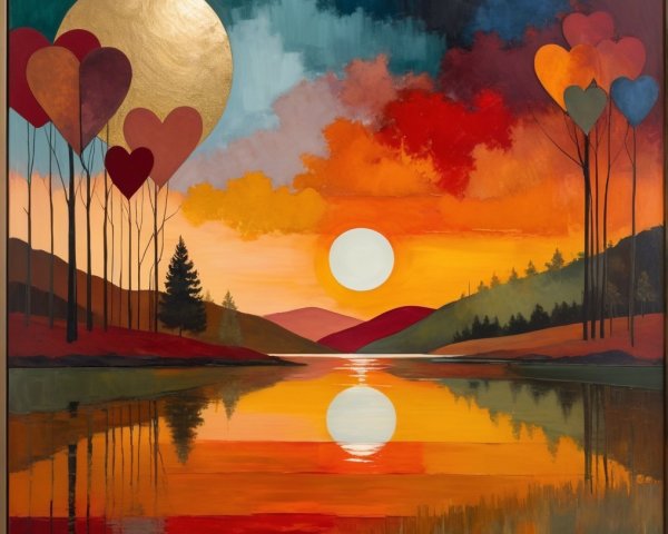 Vibrant Sunset Reflection in a Serene Lake Landscape