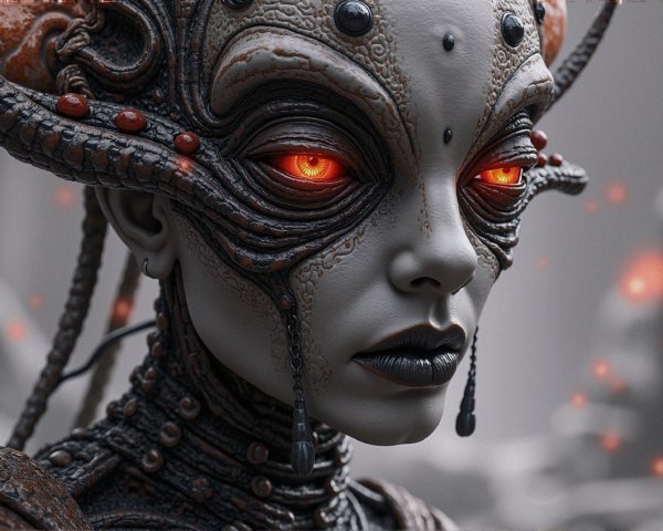 Futuristic humanoid with biomechanical features and red eyes