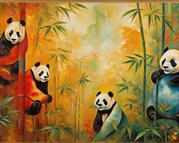Colorful Painting of Playful Pandas in Bamboo Forest