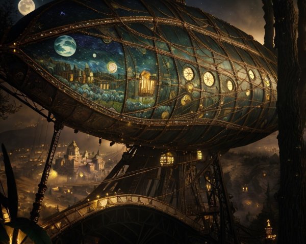 Steampunk Airship Over Starry Night and Village Scene