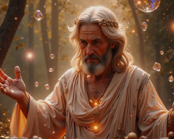 Serene Figure in Flowing Robes Surrounded by Orbs