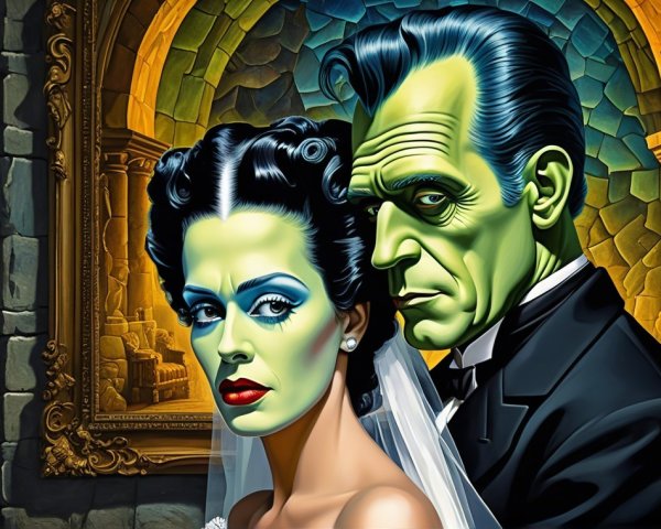 Vintage Glamour Illustration of Woman and Green-Skinned Man