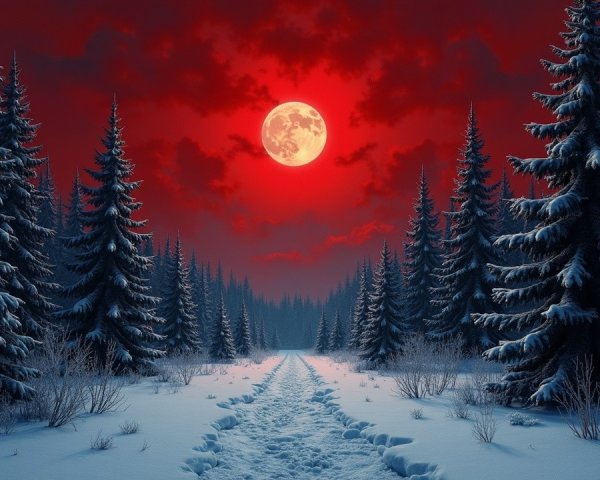 Winter Landscape with Snowy Path and Full Moon
