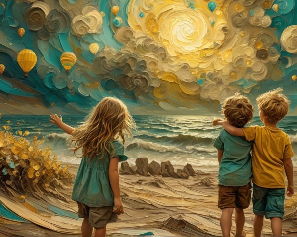 Children Observing Colorful Hot Air Balloons Over Ocean