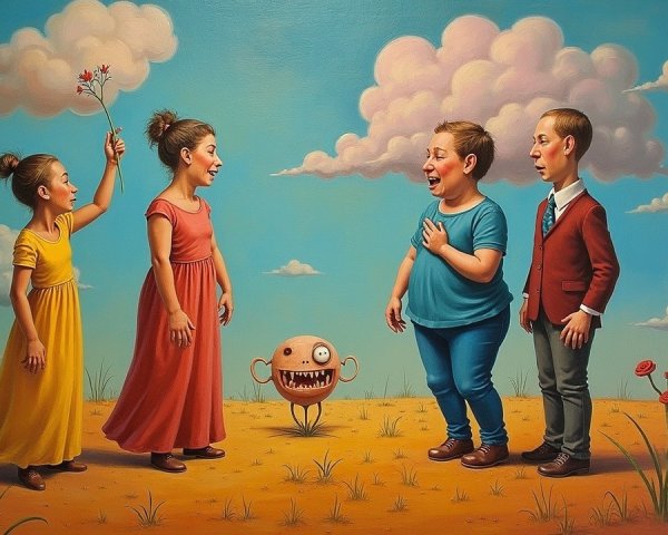 Surreal Landscape with Four Children and a Whimsical Creature