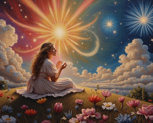 Serene Woman on Grassy Hill Amidst Vibrant Flowers