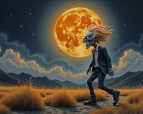 Surreal Landscape with Cartoonish Figure and Full Moon