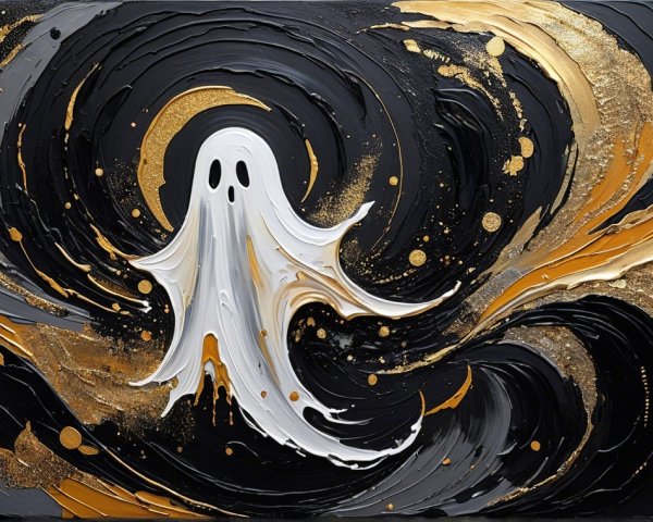 Abstract Painting of a Whimsical Ghost in Gold and Black