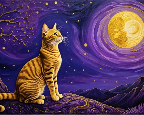 Majestic Orange Tabby Cat in Dreamy Night Landscape