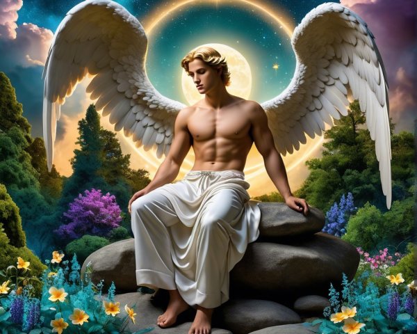 Celestial Figure with White Wings in Enchanted Landscape