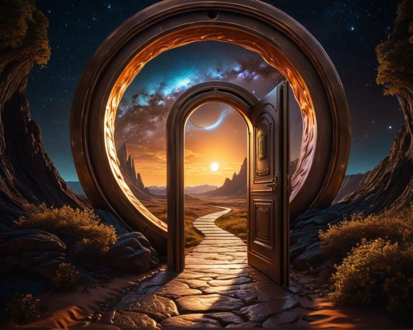 Mystical Doorway in Serene Landscape with Sunset