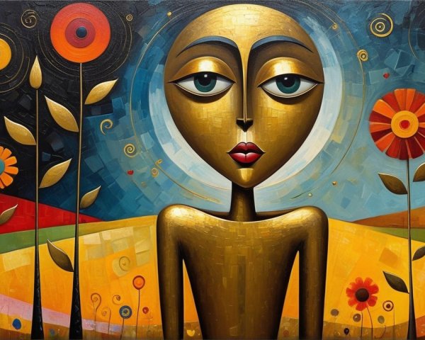 Stylized Figure with Vibrant Background and Flowers