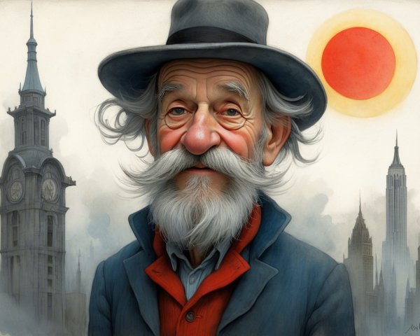 Whimsical Portrait of Elderly Man with City Skyline