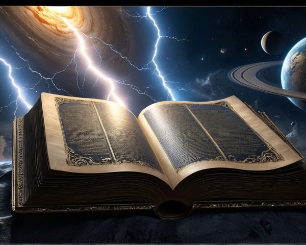 Ornate Book on Lunar Surface with Cosmic Background