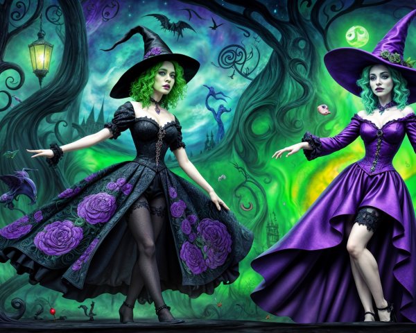 Elegant Witches in a Mystical Forest Setting