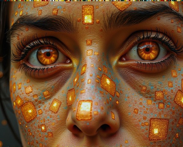 Close-Up of Unique Visage with Amber Eyes and Patterns