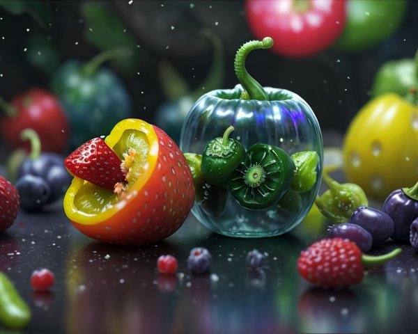 Surreal Arrangement of Fruits and Vegetables in Soft Light