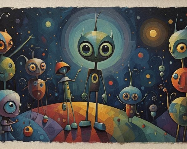 Abstract Oil Painting of Colorful Aliens on Rainbow Hill